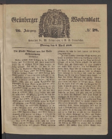 Gr&uuml;nberger Wochenblatt, No. 28. (8. April 1850)