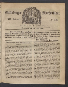 Gr&uuml;nberger Wochenblatt, No. 49. (20. Juni 1850)