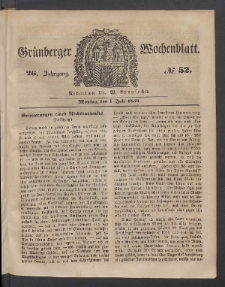 Gr&uuml;nberger Wochenblatt, No. 52. (1. Juli 1850)