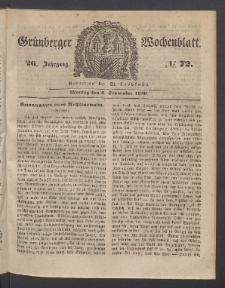 Gr&uuml;nberger Wochenblatt, No. 72. (9. September 1850)