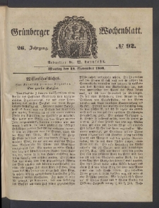 Gr&uuml;nberger Wochenblatt, No. 92. (18. November 1850)