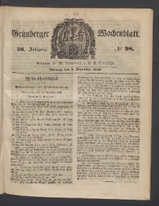 Gr&uuml;nberger Wochenblatt, No. 98. (9. Dezember 1850)