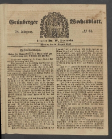 Gr&uuml;nberger Wochenblatt, No. 64. (9. August 1852)