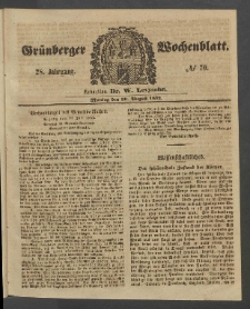 Gr&uuml;nberger Wochenblatt, No. 70. (30. August 1852)