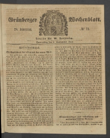 Gr&uuml;nberger Wochenblatt, No. 73. (9. September 1852)