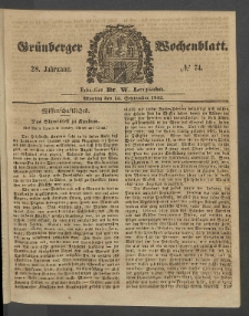 Grünberger Wochenblatt, No. 74. (13. September 1852)