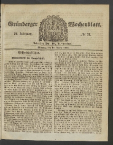 Gr&uuml;nberger Wochenblatt, No. 31. (18. April 1853)