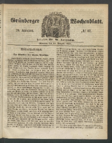 Gr&uuml;nberger Wochenblatt, No. 67. (22. August 1853)