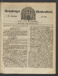 Gr&uuml;nberger Wochenblatt, No. 102. (22. Dezember 1853)