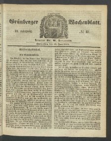 Gr&uuml;nberger Wochenblatt, No. 47. (15. Juni 1854)