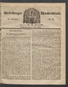 Gr&uuml;nberger Wochenblatt, No. 32. (19. April 1855)