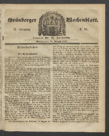 Gr&uuml;nberger Wochenblatt, No. 65. (12. August 1855)