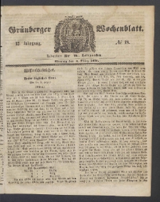 Gr&uuml;nberger Wochenblatt, No. 18. (3. M&auml;rz 1856)
