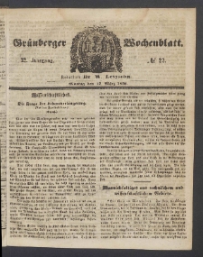 Gr&uuml;nberger Wochenblatt, No. 22. (17. M&auml;rz 1856)