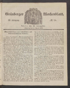 Gr&uuml;nberger Wochenblatt, No. 28. (6. April 1857)