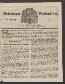 Gr&uuml;nberger Wochenblatt, No. 52. (29. Juni 1857)