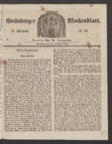 Gr&uuml;nberger Wochenblatt, No. 68. (24. August 1857)