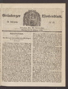 Gr&uuml;nberger Wochenblatt, No. 13. (15. Februar 1858)