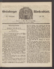 Gr&uuml;nberger Wochenblatt, No. 27. (5. April 1858)