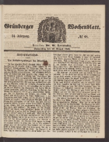 Gr&uuml;nberger Wochenblatt, No. 68. (26. August 1858)