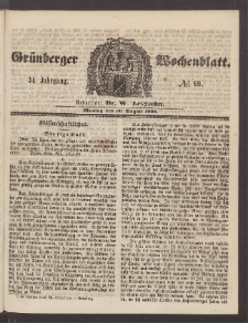Gr&uuml;nberger Wochenblatt, No. 69. (30. August 1858)
