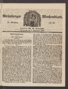 Gr&uuml;nberger Wochenblatt, No. 70. (2. September 1858)