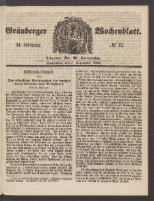 Gr&uuml;nberger Wochenblatt, No. 72. (9. September 1858)