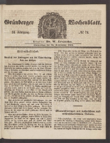 Gr&uuml;nberger Wochenblatt, No. 74. (16. September 1858)
