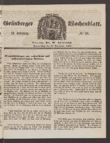 Gr&uuml;nberger Wochenblatt, No. 98. (9. Dezember 1858)