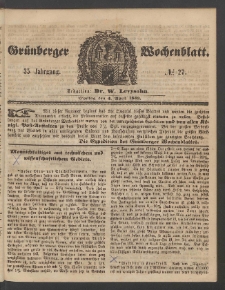 Gr&uuml;nberger Wochenblatt, No. 27. (4. April 1859)