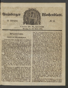 Gr&uuml;nberger Wochenblatt, No. 31. (18. April 1859)