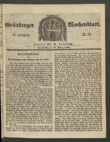 Gr&uuml;nberger Wochenblatt, No. 20. (8. M&auml;rz 1860)