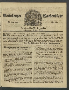 Gr&uuml;nberger Wochenblatt, No. 27. (2. April 1860)