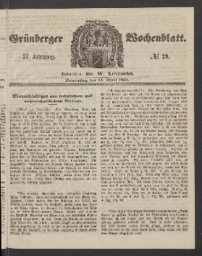 Gr&uuml;nberger Wochenblatt, No. 29. (11. April 1861)