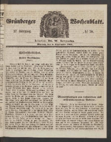 Gr&uuml;nberger Wochenblatt, No. 70. (2. September 1861)