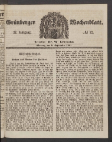 Gr&uuml;nberger Wochenblatt, No. 72. (9. September 1861)