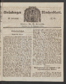 Gr&uuml;nberger Wochenblatt, No. 92. (18. November 1861)