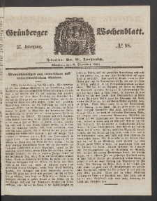 Gr&uuml;nberger Wochenblatt, No. 98. (9. Dezember 1861)