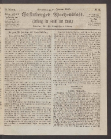 Gr&uuml;nberger Wochenblatt: Zeitung f&uuml;r Stadt und Land, No. 4. (11. Januar 1863)