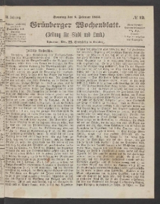 Grünberger Wochenblatt: Zeitung für Stadt und Land, No. 12. (8. Februar 1863)