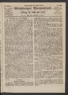 Grünberger Wochenblatt: Zeitung für Stadt und Land, No. 31. (19. April 1863)