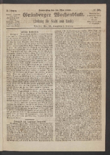 Grünberger Wochenblatt: Zeitung für Stadt und Land, No. 38. (14. Mai 1863)