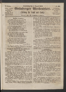Grünberger Wochenblatt: Zeitung für Stadt und Land, No. 62. (6. August 1863)