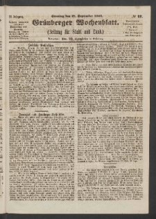 Gr&uuml;nberger Wochenblatt: Zeitung f&uuml;r Stadt und Land, No. 77. (27. September 1863)