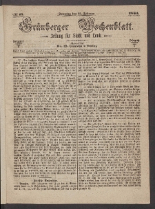 Gr&uuml;nberger Wochenblatt: Zeitung f&uuml;r Stadt und Land, No. 15. (21. Februar 1864)