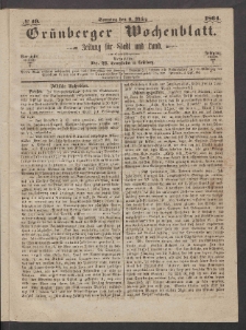 Grünberger Wochenblatt: Zeitung für Stadt und Land, No. 19. (6. März 1864)