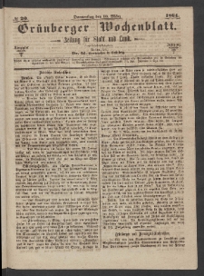 Gr&uuml;nberger Wochenblatt: Zeitung f&uuml;r Stadt und Land, No. 20. (10. M&auml;rz 1864)