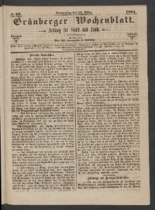 Grünberger Wochenblatt: Zeitung für Stadt und Land, No. 20. (10. März 1864)