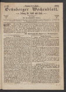 Gr&uuml;nberger Wochenblatt: Zeitung f&uuml;r Stadt und Land, No. 26. (3. April 1864)