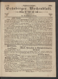 Gr&uuml;nberger Wochenblatt: Zeitung f&uuml;r Stadt und Land, No. 28. (10. April 1864)